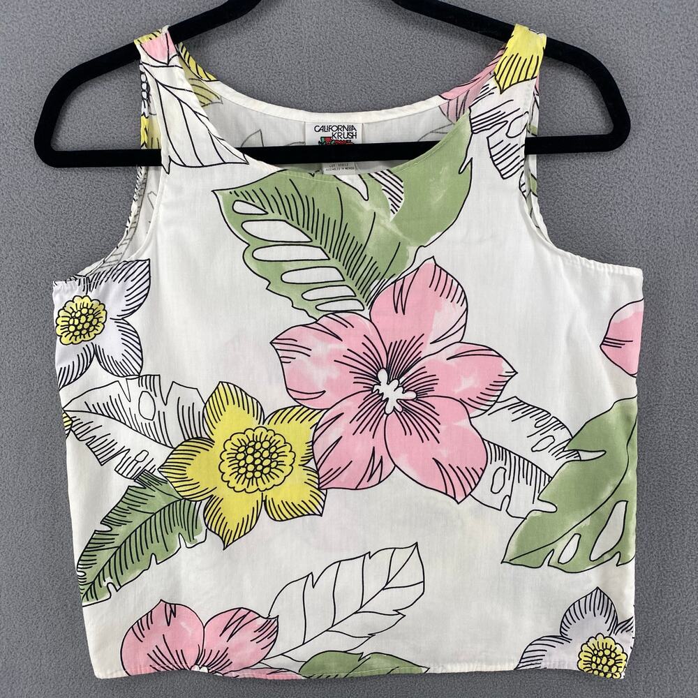Vtg 90s 00s Y2K California Krush Aloha Hawaiian Tank Top Womens S‎ White Floral